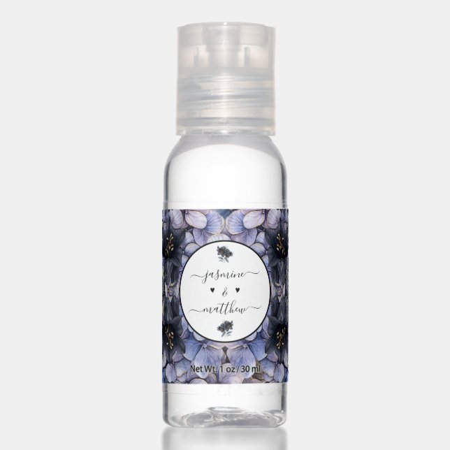 Moody Black Floral Classic Couple Names Wedding Hand Sanitizer (Front)