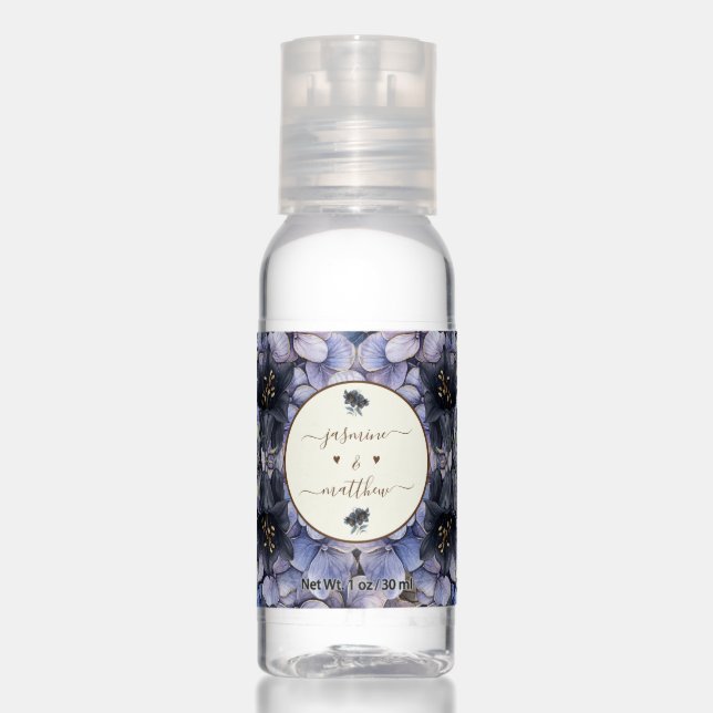 Moody Black Floral Classic Couple Names Wedding Hand Sanitizer (Front)