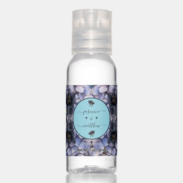 Moody Black Floral Classic Couple Names Wedding Hand Sanitizer (Front)
