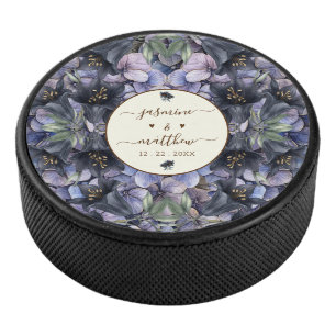 Moody Black Floral Classic Couple Names Wedding Hockey Puck