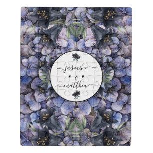 Moody Black Floral Classic Couple Names Wedding Jigsaw Puzzle