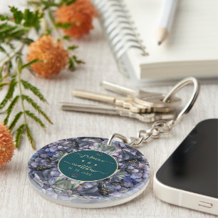 Moody Black Floral Classic Couple Names Wedding Keychain