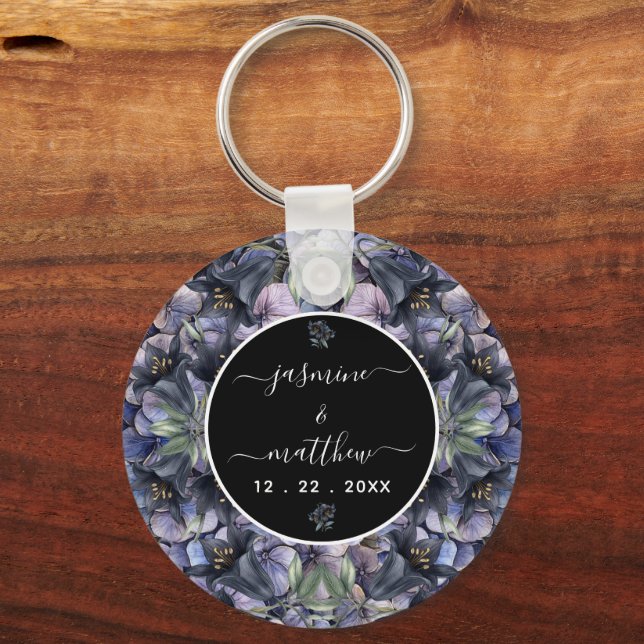 Moody Black Floral Classic Couple Names Wedding Keychain (Front)