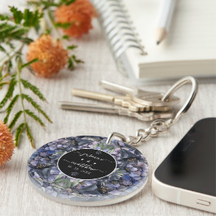 Moody Black Floral Classic Couple Names Wedding Keychain