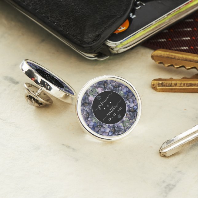 Moody Black Floral Classic Couple Names Wedding Lapel Pin (In Situ)