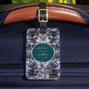 Moody Black Floral Classic Couple Names Wedding Luggage Tag