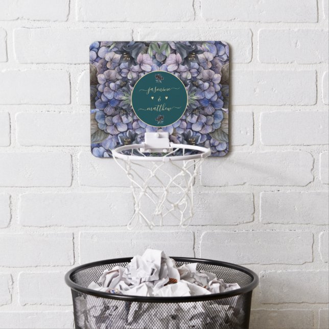 Moody Black Floral Classic Couple Names Wedding Mini Basketball Hoop (In Situ)