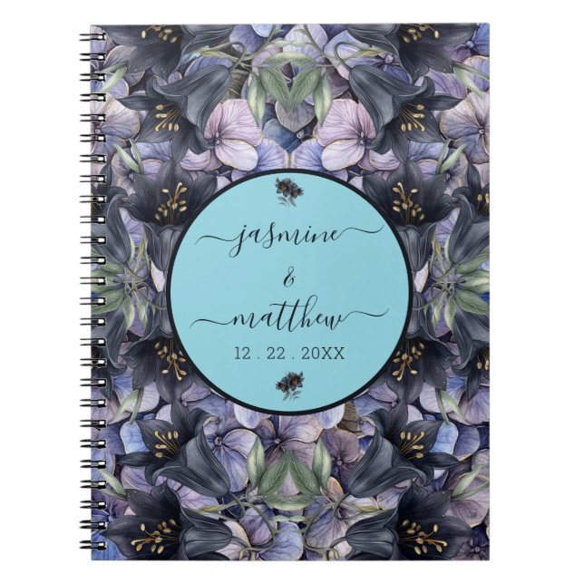 Moody Black Floral Classic Couple Names Wedding Notebook (Front)