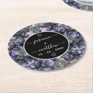 Moody Black Floral Classic Couple Names Wedding Round Paper Coaster