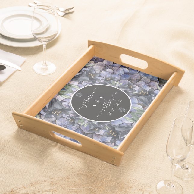 Moody Black Floral Classic Couple Names Wedding Serving Tray (Front)