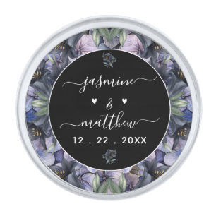 Moody Black Floral Classic Couple Names Wedding Silver Finish Lapel Pin