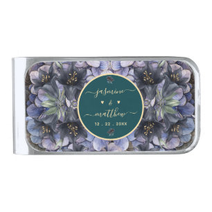 Moody Black Floral Classic Couple Names Wedding Silver Finish Money Clip