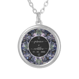 Moody Black Floral Classic Couple Names Wedding Silver Plated Necklace