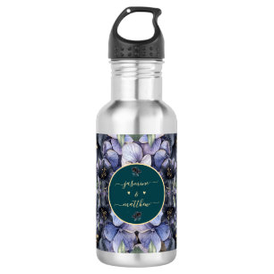 Moody Black Floral Classic Couple Names Wedding Stainless Steel Water Bottle