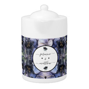 Moody Black Floral Classic Couple Names Wedding Teapot