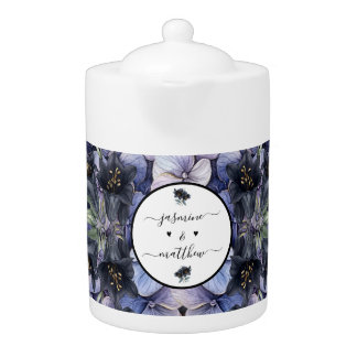 Moody Black Floral Classic Couple Names Wedding Teapot