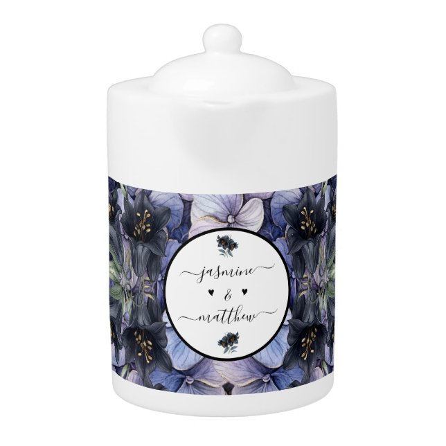 Moody Black Floral Classic Couple Names Wedding Teapot (Front)