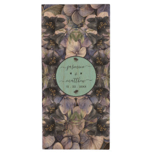 Moody Black Floral Classic Couple Names Wedding Wood Flash Drive