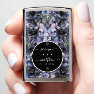 Moody Black Floral Classic Couple Names Wedding Zippo Lighter