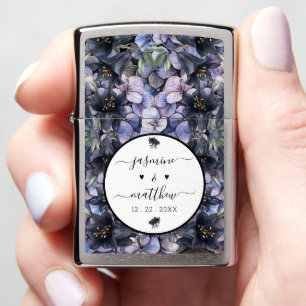 Moody Black Floral Classic Couple Names Wedding Zippo Lighter