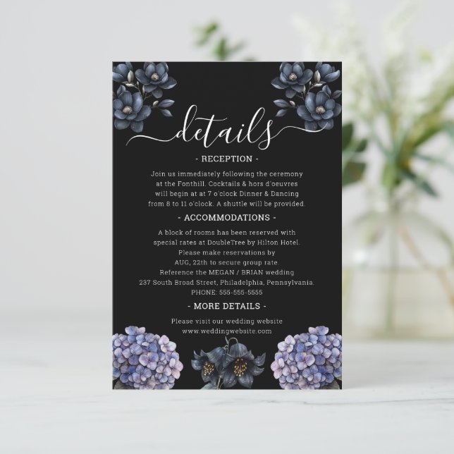 Moody Black Floral Classic Script Wedding Details Enclosure Card (Standing Front)