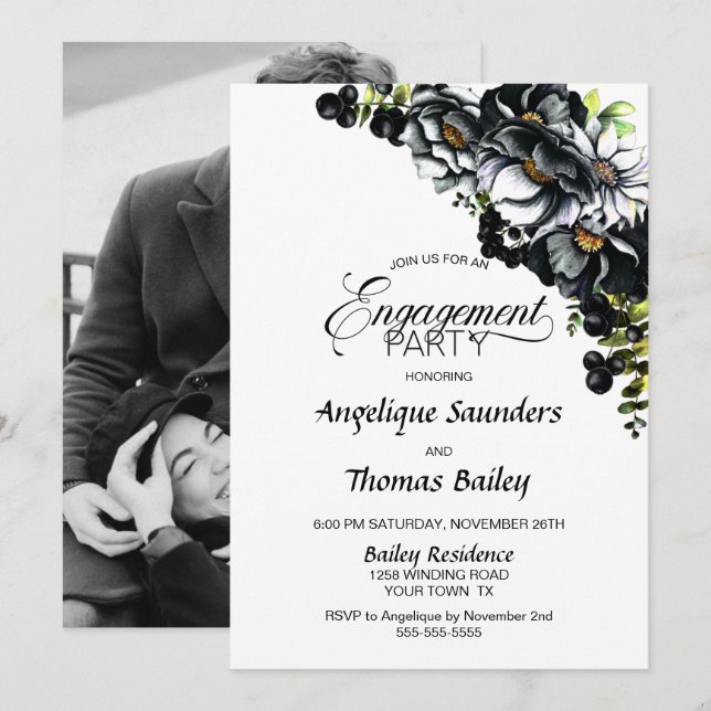 Moody Black Floral Custom Photo Engagement Party Invitation (Front/Back)