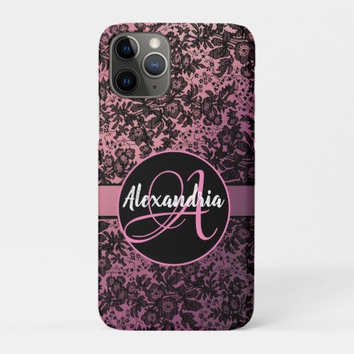 Moody Black Floral on Pink Monogram    iPhone 11 Pro Case