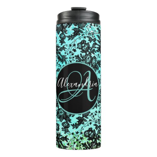 Moody Black Floral on Pink Monogram   Thermal Tumbler