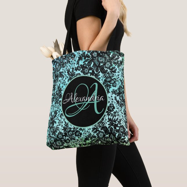 Moody Black Floral on Turquoise Monogram Tote Bag (Close Up)