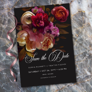 Moody Black Floral Painterly Red Burgundy Save The Date