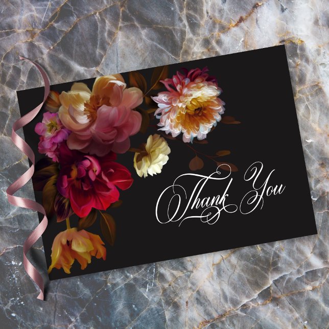 Moody Black Floral Painterly Red Burgundy Wedding Thank You Card (Moody Black Floral Painterly Red Burgundy Wedding Thank You Card)