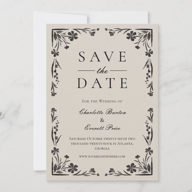 Moody Black Floral Save The Date Invitation (Front)