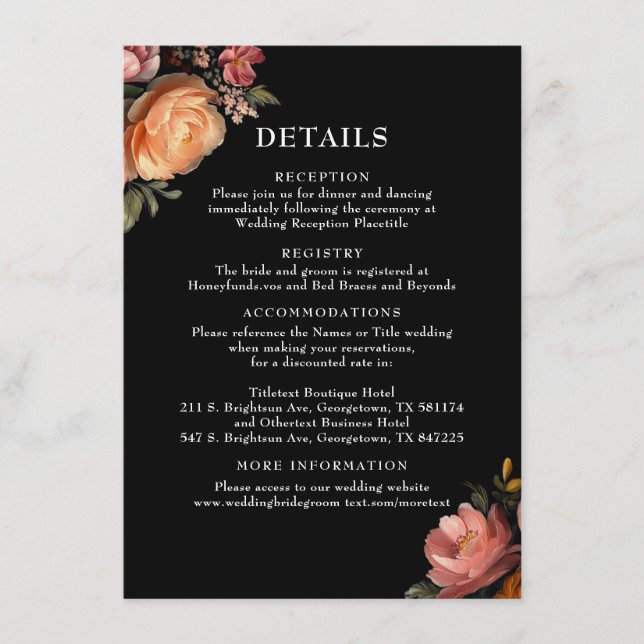 Moody Black Floral Wedding Details Enclosure Card (Front)
