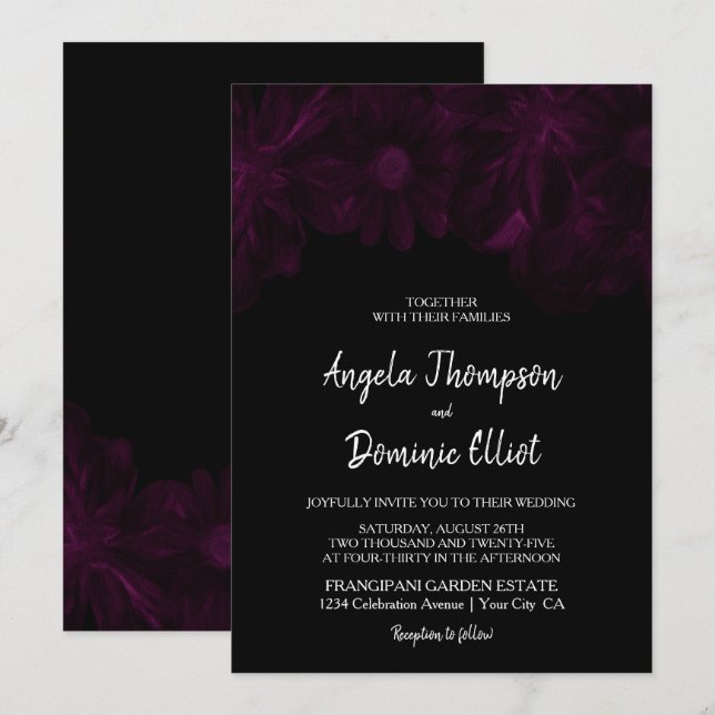 Moody Black Floral Wedding  Invitation (Front/Back)