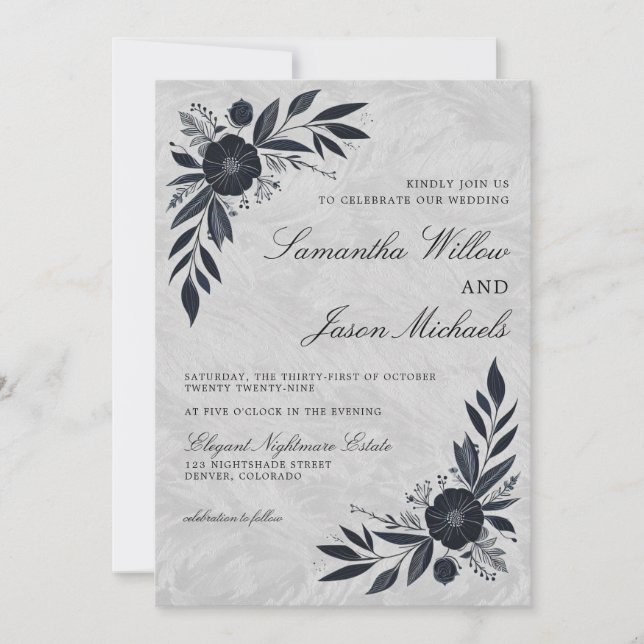 Moody Black Floral Wedding Invitation (Front)