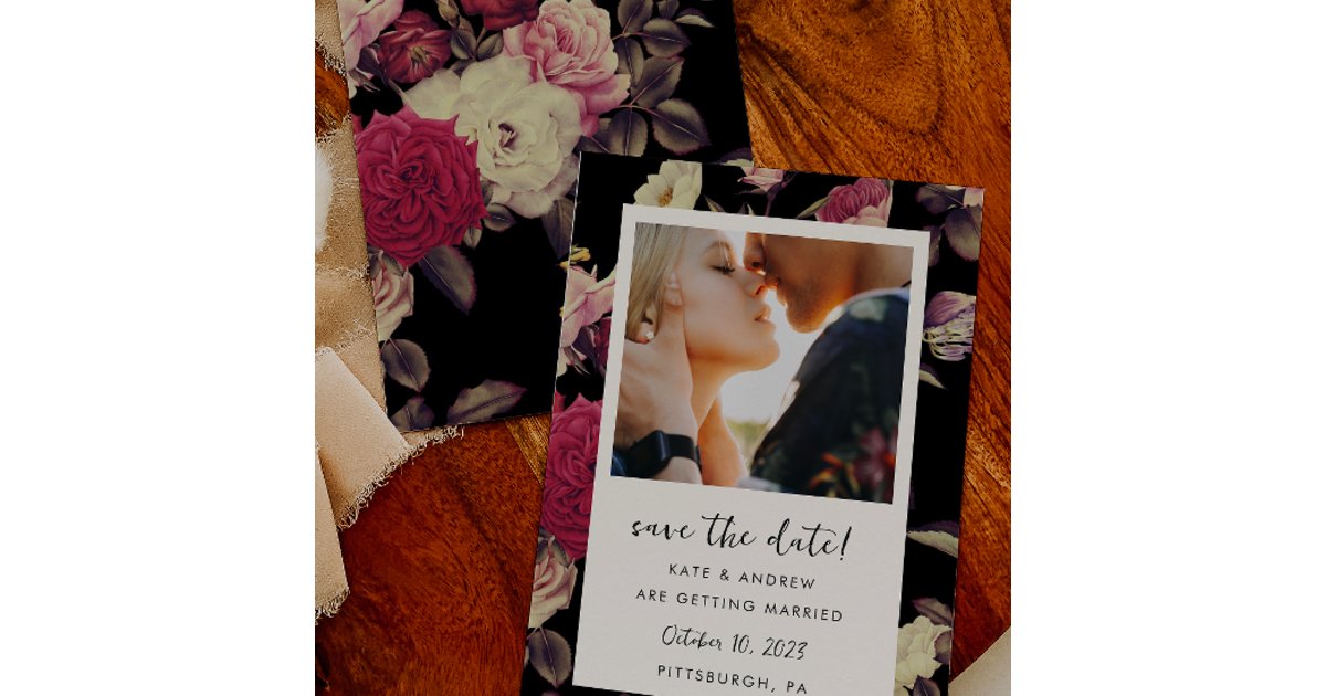 Moody Black Floral Wedding Photo Save the Date | Zazzle