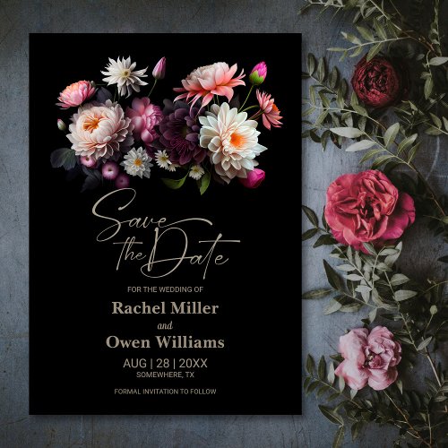 Moody Black Floral Wedding Save the Date