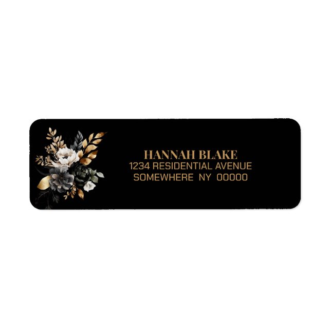Moody Black Gold Floral Return Address Label (Front)