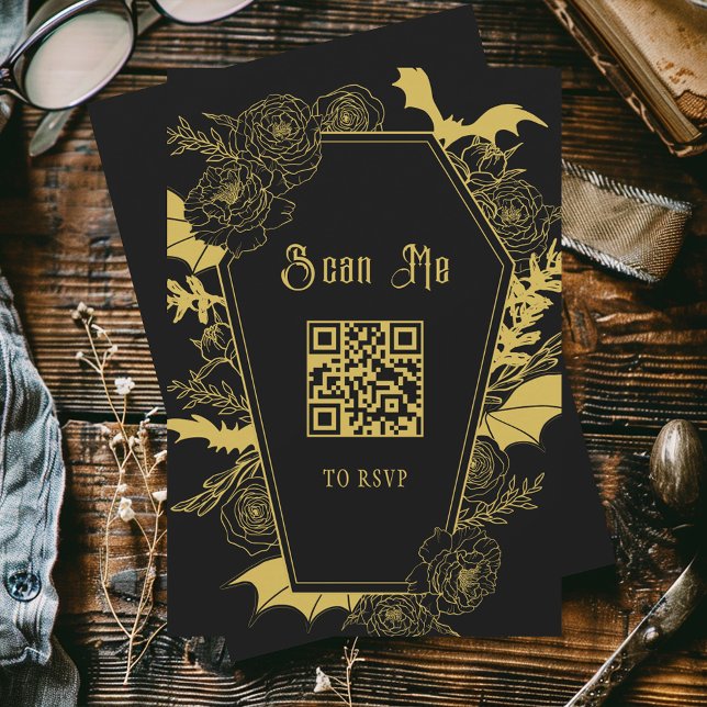 Moody Black Gold Gothic Wedding QR Code Website RSVP Card (Creator Uploaded)