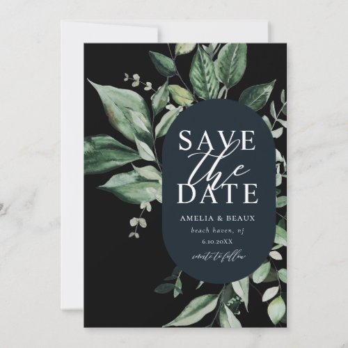 Moody Black  Green Foliage Save the Date Invitation