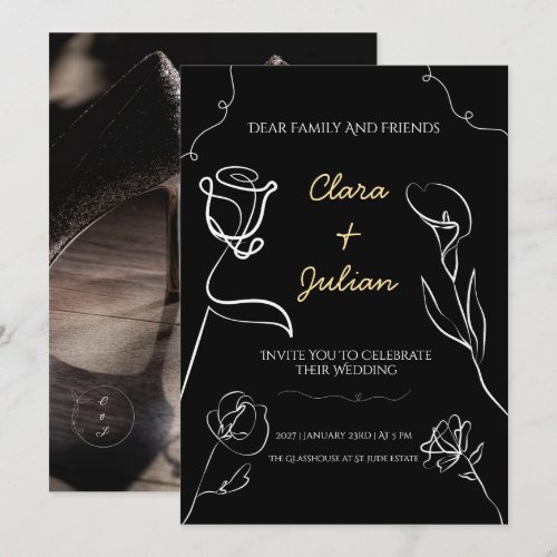 Moody Black Hand Drawn Floral Elegance Wedding  Invitation