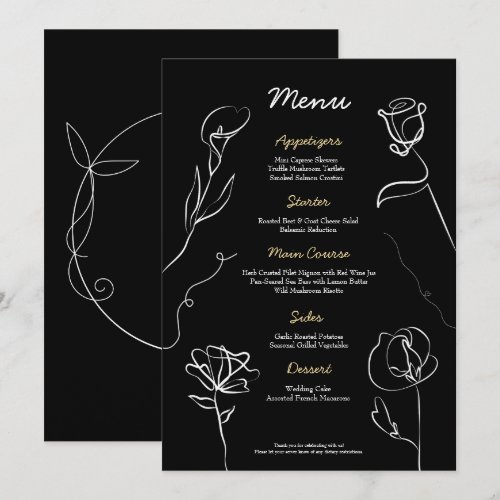 Moody Black Hand Drawn Floral Elegance Wedding  Menu