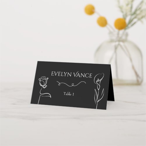 Moody Black Hand Drawn Floral Elegance Wedding Place Card