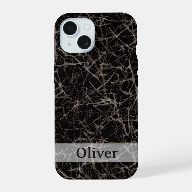 Moody Black Marble Stone Texture & Custom Name Iphone Case (Back)