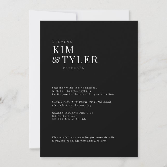 Moody black minimalist modern typography wedding invitation (Front)