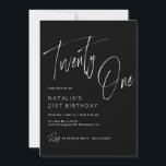 Moody Black | Modern Brush Script 21st Birthday Invitation<br><div class="desc">Simple and modern 21st birthday invitations with "Twenty One" text in large brush script. White font on a contrasting black background.</div>