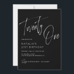 Moody Black | Modern Brush Script 21st Birthday Invitation<br><div class="desc">Simple and modern 21st birthday invitations with "Twenty One" text in large brush script. White font on a contrasting black background.</div>
