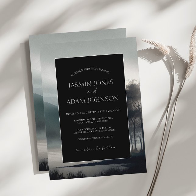 Moody Black Panel Mountain Wedding Invitation (Creator Uploaded)