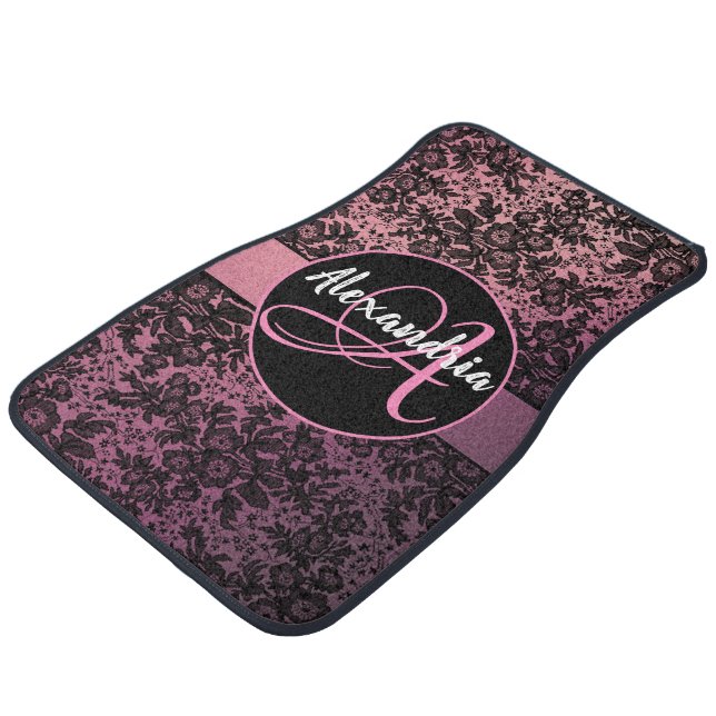 Moody Black Pink Floral Personaized Car Floor Mat (Angled)