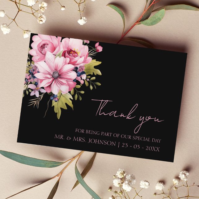 Moody Black Pink Floral Wedding Thank You Card (Creator Uploaded)